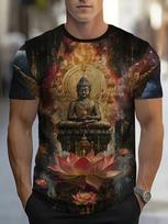 Men Buddha Head Red Flower Graphic T-shirt Summer Short Sleeve O-Neck Religious Spiritual Casual Streetwear Tee Tops S black