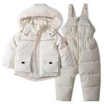 Vaikų slidinėjimo kostiumas Vėjui ir vandeniui atspari pūkinė striukė ir kelnės Sniego apranga Kombinezonai Vaikų pūkinės kelnės Parkas Minkšti šilti komplektai 120