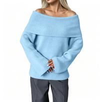 Women's Off-Shoulder Pullover Sweater with Fold-Over Collar, Relaxed Fit Versatile Casual Knit Top One Size gray