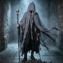 Horror Grim Reaper Cosplay Set Fringed Worn Hooded Cloak Disassemble Skull Scythe Prop For Halloween Party Dress Up One Size black