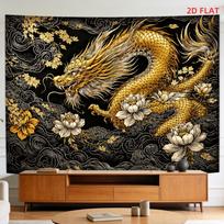 Majestic Golden Chinese Dragon Tapestry Wall Hanging Oriental Asian Mythology Art Print Luxury Decor for Living Room Bedroom 130X150CM