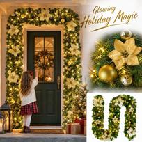 Christmas Garland Door Hanging Decoration Set with Gold and Red Wreath and String Lights for Tree One Size beige