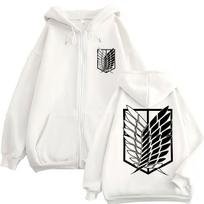 Anime Attack on Titan Zip Up Hoodie Mikasa Ackerman Eren Jaeger Wings of Freedom Classic Logo Sweatshirt Men Loose Fleece Coats S white