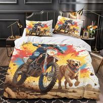 3D Motocross Duvet Cover Set Microfiber Bedding for Teens Room,Motorcycle Graphic Theme Zipper Closure Easy Care Students Decor Baby 70x133 cm white