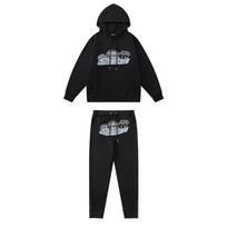 Trapstar Streetwear Išsiuvinėtas Džemperis su Kapišonu ir Sportinės Kelnės Rinkinys Unisex Vilnos Pamušalas Laisvalaikio Sportinis Kostiumas M black