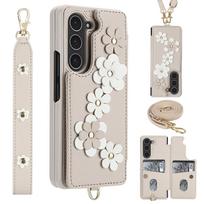 For Samsung Galaxy Z Fold 8 Wallet Phone Case With Card Slot Holder With Flower Design Kickstand Shockproof Crossbody Purse Galaxy Z Fold5 smėlis