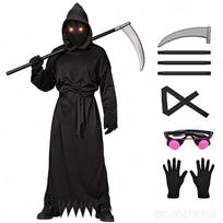 Halloween Grim Reaper Costume Vampire Cosplay Set Scary Red Eye Scythe Outfit Role Play Kids L