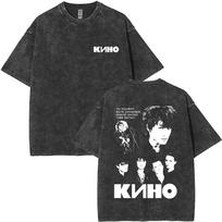 Viktor Tsoi Kino Night Vintage Washed T Shirts Classic Rusian Rock Gothic T-shirts Men Women Casual Cotton Oversized T-shirt19 L gray