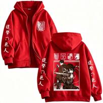 Anime Attack on Titan Mikasa Ackerman Eren Jaeger Zipper Hoodies Men Clothing Fashion Long Sleeves Zip Up Sweatshirts Jackets XL red