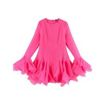 Vasaros moteriškos elegantiškos sluoksniuotos raukinukų mini suknelės, ponios saldi ilgomis plačiomis rankovėmis, prigludusios pūstos suknelės M pink