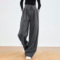 High-Waisted Wide Leg Trousers Women Elegant Office Chic Pants With Pockets Viscose Blend Flowy Workwear Large pilka