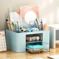 Nordic Simple Office Desk with Drawer, Desktop Stationery Pencil Storage Box and Organizing Shelves 1pcs mėlyna