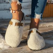 Moteriški plačiosios pėdos pliušiniai Birkenstock tipo šlepetės, su pliušiniu pamušalu įsispiriami klumpės, lauko žiemos šlepetės moterims 42 smėlis