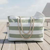 Large Coastal Tote Bag Waterproof Women's Beach Lightweight Rope Handle Carryall for Families, Green Stripe