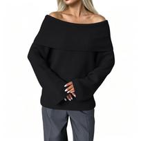 Women's Off-Shoulder Pullover Sweater with Fold-Over Collar, Relaxed Fit Versatile Casual Knit Top One Size black