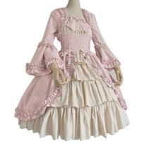 Ponios Retro kvadratinis kaklo aptemptas juosmuo Bowknot viduramžių suknelė Cosplay vakarėlio kostiumas S rožinė