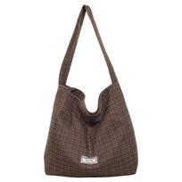 Womens Grid Pattern Canvas Tote Bag Large Capacity Casual Shoulder Hobo Purse gray
