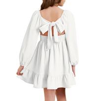 Little Girls Color Long Puff Sleeve Open Back Belted Dress for Casual Party Wear 120 white