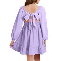 Little Girls Color Long Puff Sleeve Open Back Belted Dress for Casual Party Wear 110