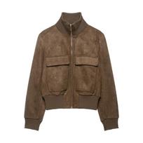 Women Vintage Brown Faux Suede Leather Jacket Stand Collar Flap Pocket Zipper Casual Autumn Winter Jacket Coat Outerwear M ruda
