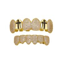 Hot Selling Cross Vampire Fangs Dental Grillz Full Paved Zircon Real Gold Plated Hip Hop Halloween Teeth Jewelry beige