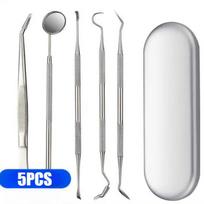 Nerūdijančio plieno odontologo valymo įrankiai Dantų veidrodis Dvigubas zondas Pjautuvinio kakliuko dantų valiklis Dantų įrankis Dantų priežiūros įrankių rinkinys 5PCS gray