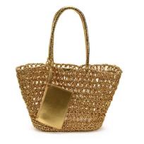 Handmade Bohemian Crochet Straw Tote Bag Golden Carryall Large Capacity Summer Beach Bag brown