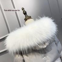 Juodas moteriškas dirbtinio balto ir lapės racūno kailio apykaklė striukei su gobtuvu, vienetinis pirkinys Pure white,75CM gray