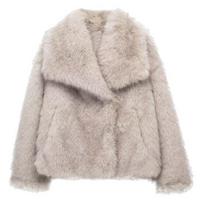Žieminis moteriškas švarkas dirbtinio lapės kailio atverčiama apykakle jaukus švarkas vienspalvis S gray