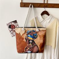 Classic Outdoor Practical Retro Canvas Tote Bag Cartoon Print Handheld Beach Bag Large Capacity beige