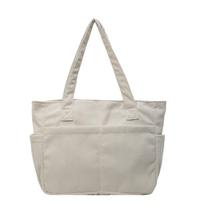 Solid Color Corduroy Tote Bag with Front Pockets Large Capacity Shoulder Bag for Shopping and Daily Use white
