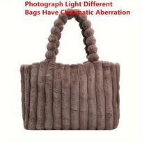 Large Capacity Plush Tote Bag, Stiped Faux Fur Shoulder Bag, Women's Soft Fluffy Handbag gray