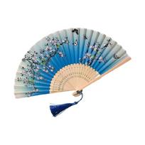 Folding Hand Fan with Tassels for Women Prom Parties Flower Butterfly Pattern Chinese Traditional Hand Fan for Collector blue