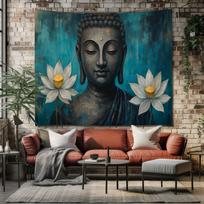 Buddha Wall Tapestry with White Lotus – Zen Meditation Decor in Teal & Gold Spiritual Boho Wall Art for Bedroom or Yoga Space 59x51.1inch/150*130cm