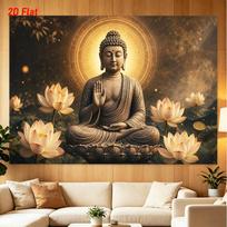 Golden Buddha Statue, Lotus Flower, Meditation, 2D Flat Wall Tapestry, Background for Yoga Room Decoration, Zen, Spiritual Wall Hanging Art 70.9x43.3inch/180*110cm
