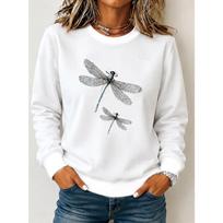 Women's Dragonfly Print Crew Neck Sweatshirt, Snowflake Long Sleeve Pullover Casual Loose No Hood Sweatshirt M šviesiai pilka spalva
