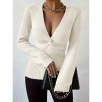 Sexy deep V-kink knitted sweater, slim and slim long-sleeved backing sweater, women's autumn and winter inner top S