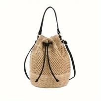 Large Capacity Drawstring Crossbody Bag Grass Weave Tote Bag Trendy Summer Beach Bag  Women beige