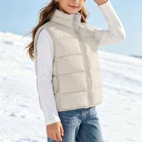 Kids Casual Sleeveless Padded Vest Jacket with Stand Collar and Zip-Up Front in Color 140 beige