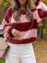 Women's Colorblock Crewneck Long Sleeve Pullover Knit Sweater Top for Fall and Winter S brown