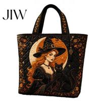 Portable Foldable Handbag Halloween Quilted Tote Bag, Pumpkin Ghost Cat Print Shoulder Lightweight Commuter Purse Polyester Reusable for Casual Daily A black