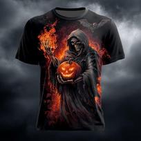Halloween Grim Reaper Pumpkin 3D Print T Shirt Short Sleeve Bat Flame Graphic Tees Gothic Casual Daily Tops 5XL black