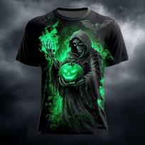 Halloween Grim Reaper Pumpkin 3D Print T Shirt Short Sleeve Bat Flame Graphic Tees Gothic Casual Daily Tops L black