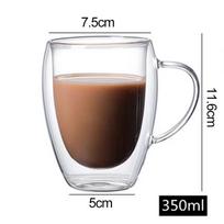 150/250/350/450 ml Dvisluoksnis skaidrus stiklinis kavos puodelis su rankena Dvisluoksnis šilumą izoliuojantis aukštos temperatūros sulčių pieno puodelis 350ml skaidri