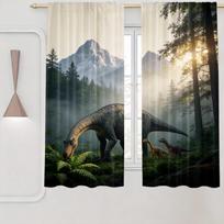 Dinozaurų užuolaidos 2 vnt. – T-Rex ir Juros periodo džiunglių scena, Realistiškas priešistorinio gyvūno spaudinys vaikų miegamojo ir žaidimų kambario dekoravimui 60×150