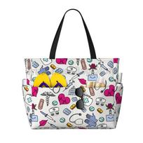 Nurse Print Beach Tote Bags for Women Waterproof Sandproof Large Pool Bag Stylish Zipper Beach Tote for Swim Gym Travel Shopping white