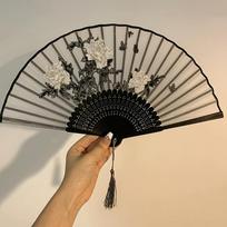 1PC Folding Hand Fan | Asian Style Ancient Chinese Style Tassel Fan, Portable Dance Fan Wedding Fan black