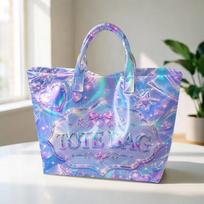 Holographic Star & Heart Y2K Tote Bag, Large Capacity Shoulder Bag for Party Shopping Daily Use 44*31*12CM gray