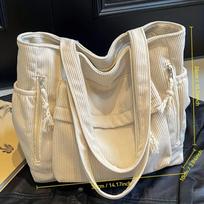 Corduroy Tote Bag with Multiple Pockets Casual Chic Handbag Women Shoulder Bags for Woman Perfect for Shopping Commuting Travel smėlis