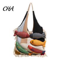 Retro Style Purse 3D Fish Knitted Tote, Patchwork Shoulder Bag with Tassels, Extended Strap Colorful Boho Women for Daily Commuting Travel Shopping gray
